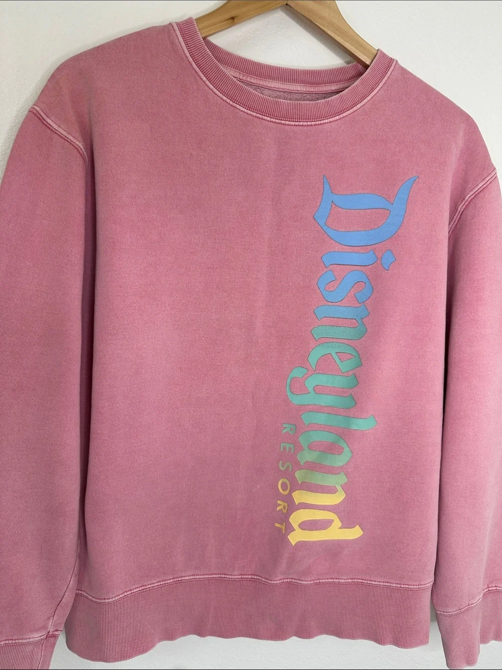 Disney Disneyland Resort Pink Crewneck Sweatshirt with Rainbow Vertical Logo
